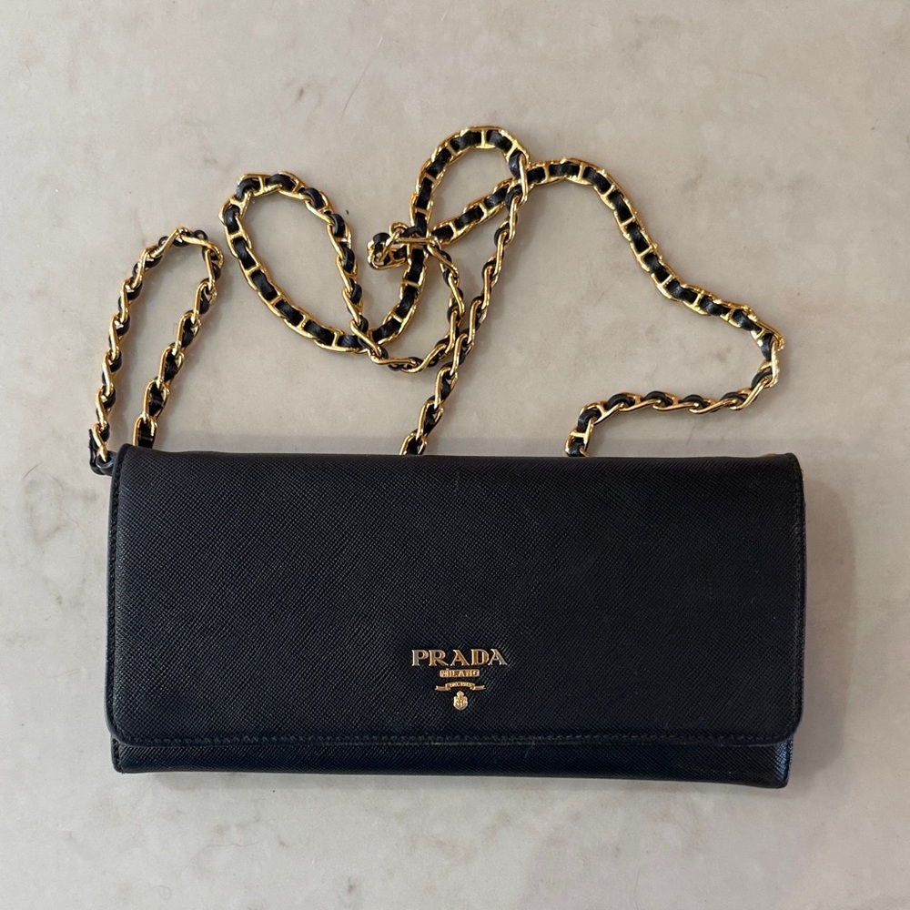 Prada Black Clutch with Gold Chain
